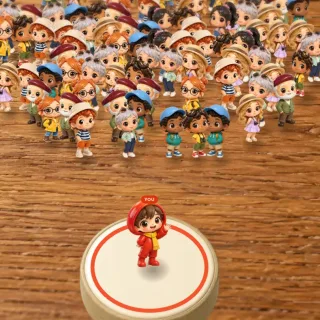 Tiny Noillirk figurines gathered on a wooden tabletop around a player’s home tile